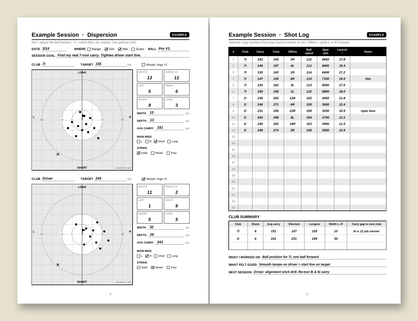 Sample pages from the Range Practice Notebook