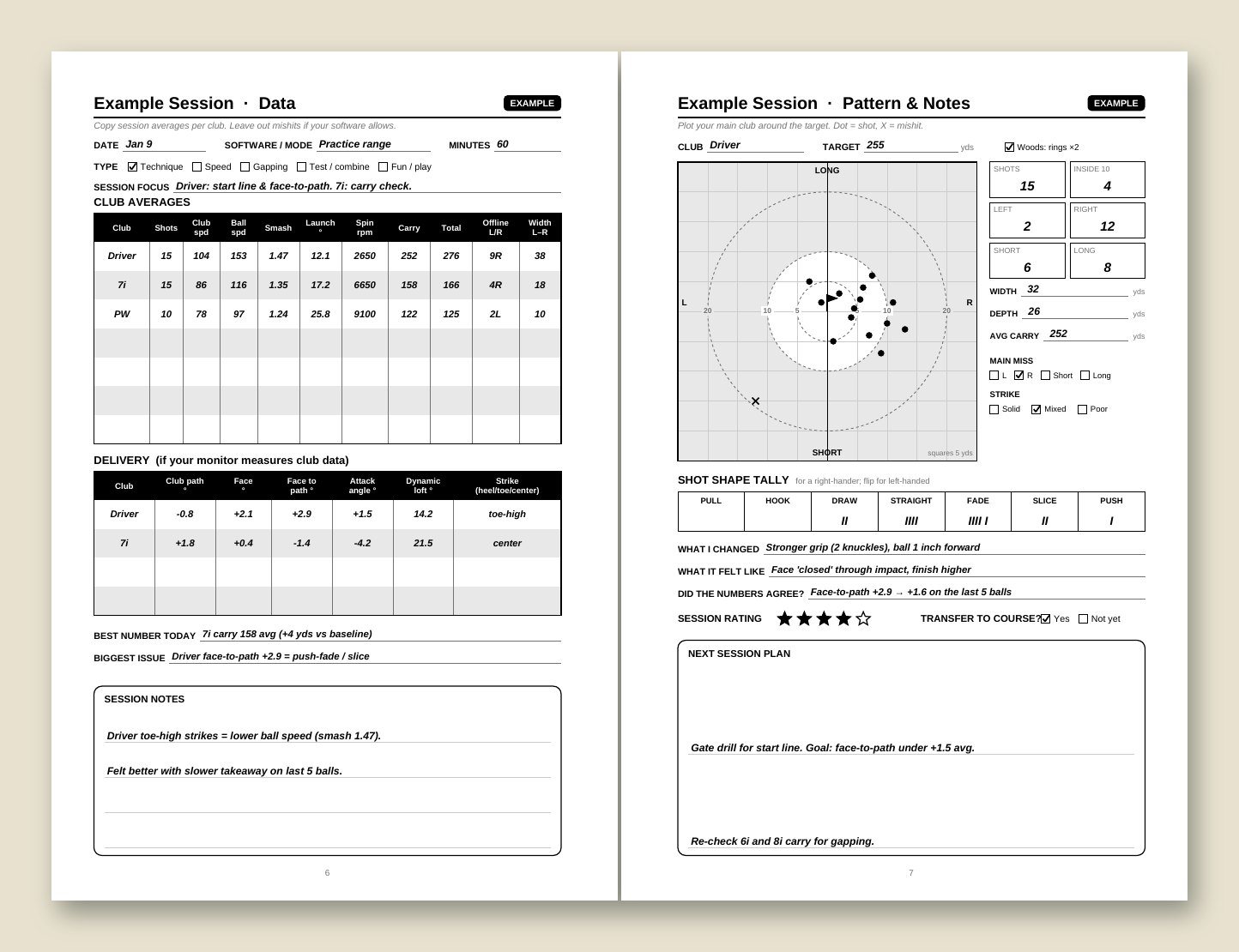 Sample pages from the Sim Session Logbook