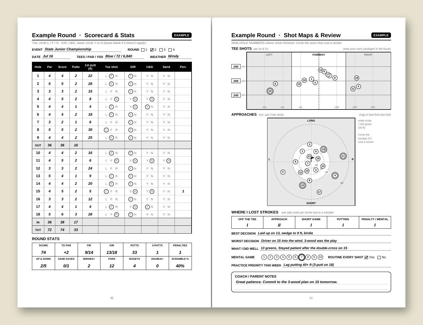 Sample pages from the Tournament Golf Journal